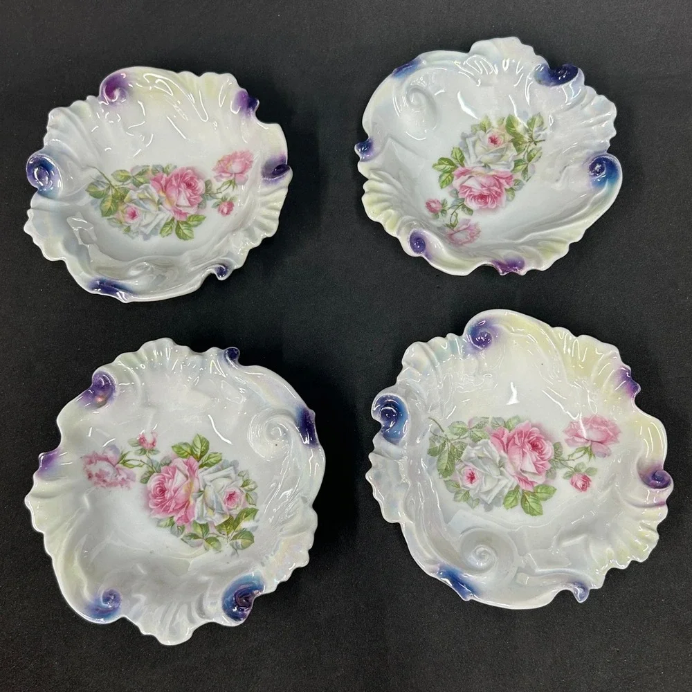 Vintage JS Germany V Iridescent Luster Rose Berry Bowls Scalloped Set of 4